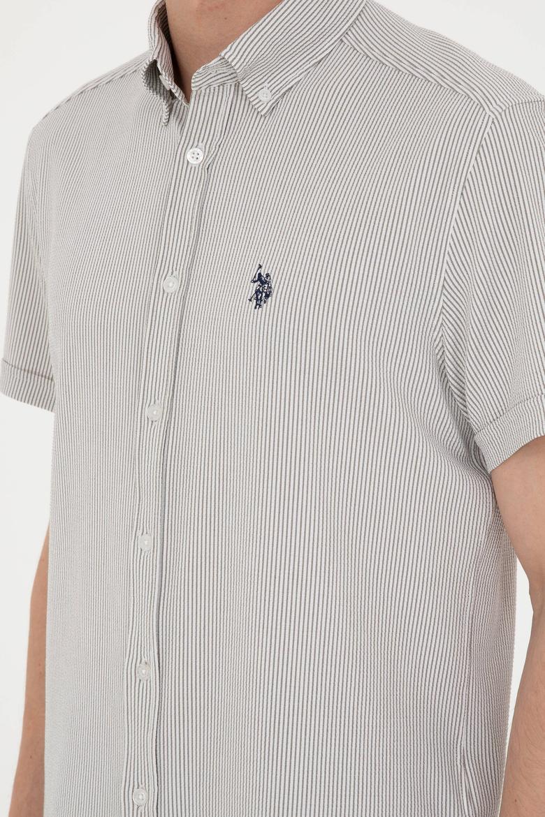 Erkek Açık Haki Çizgili Beyaz Kısa Kollu Gömlek - 50288667018