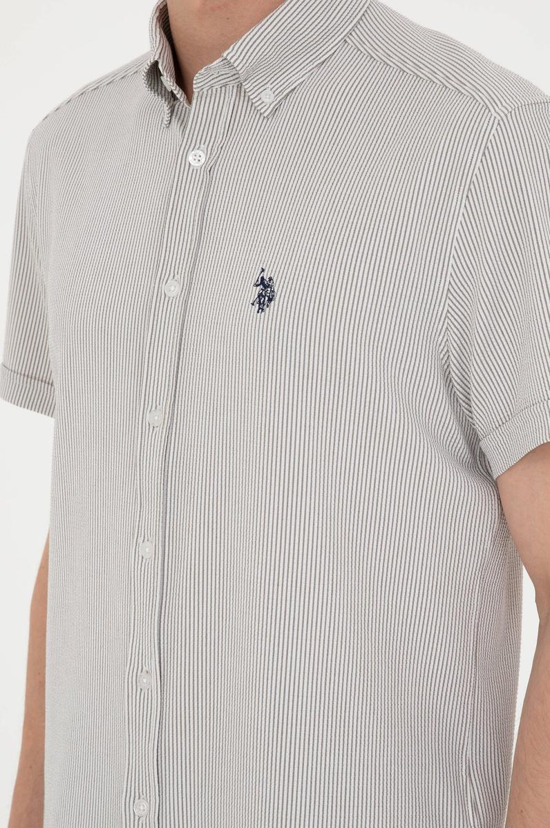 Erkek Açık Haki Çizgili Beyaz Kısa Kollu Gömlek