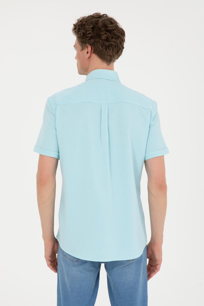 Erkek Su Yeşili Çizgili Beyaz Kısa Kollu Gömlek - 50288667025