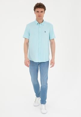 Erkek Su Yeşili Çizgili Beyaz Kısa Kollu Gömlek - 50288667025