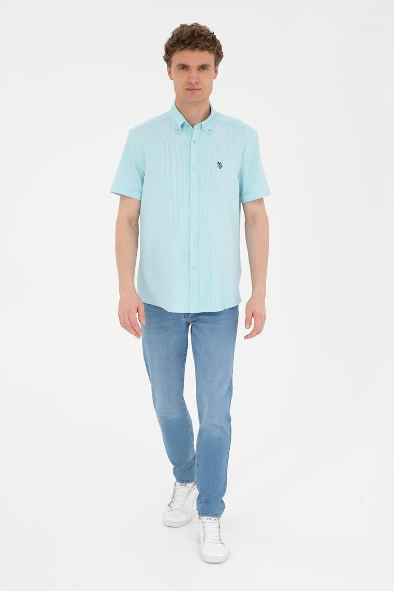 Erkek Su Yeşili Çizgili Beyaz Kısa Kollu Gömlek - 50288667025