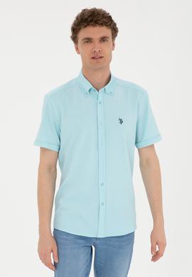 Erkek Su Yeşili Çizgili Beyaz Kısa Kollu Gömlek - 50288667025