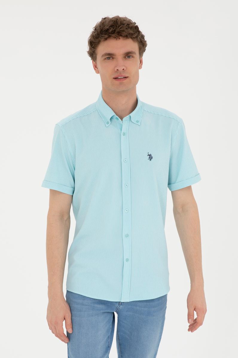 Erkek Su Yeşili Çizgili Beyaz Kısa Kollu Gömlek