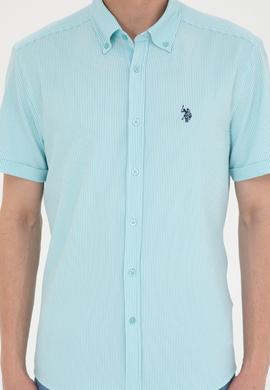 Erkek Su Yeşili Çizgili Beyaz Kısa Kollu Gömlek - 50288667025
