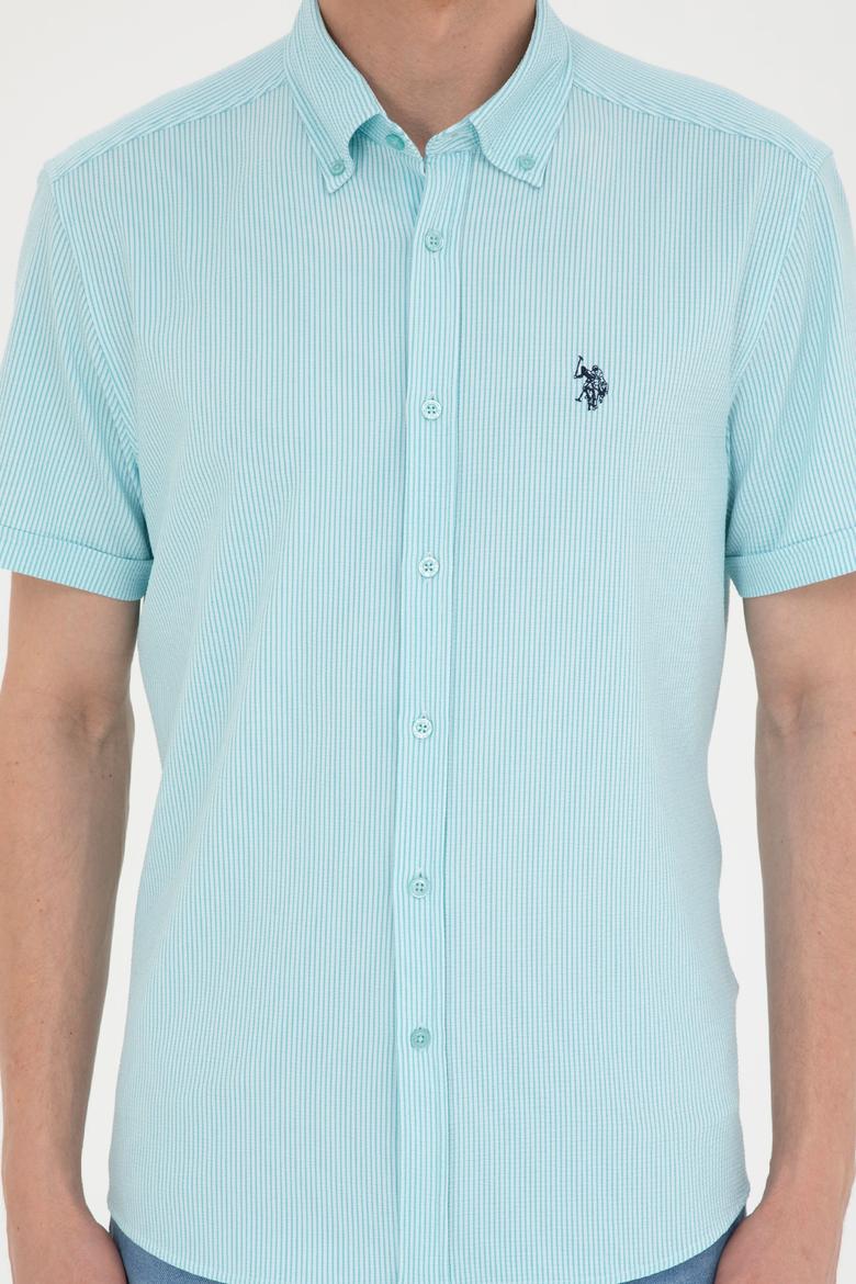 Erkek Su Yeşili Çizgili Beyaz Kısa Kollu Gömlek - 50288667025