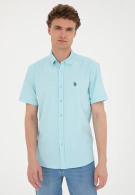 Erkek Su Yeşili Çizgili Beyaz Kısa Kollu Gömlek - 50288667025