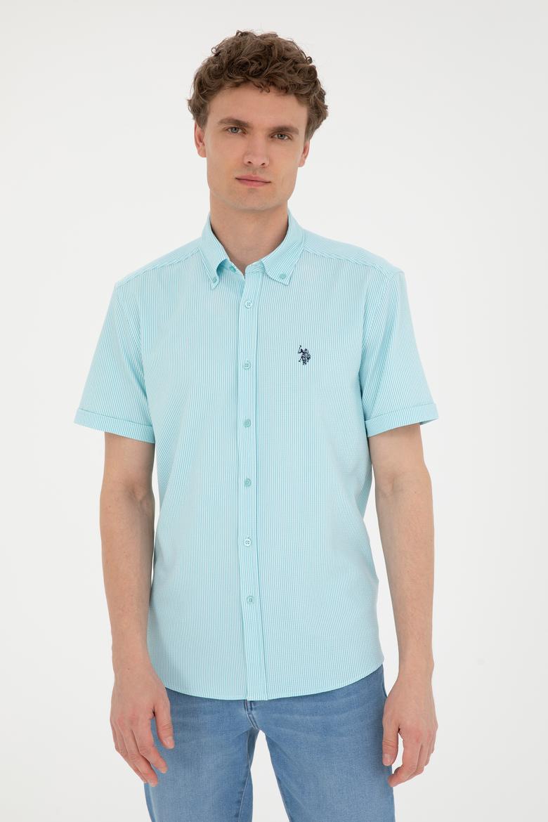 Erkek Su Yeşili Çizgili Beyaz Kısa Kollu Gömlek - 50288667025