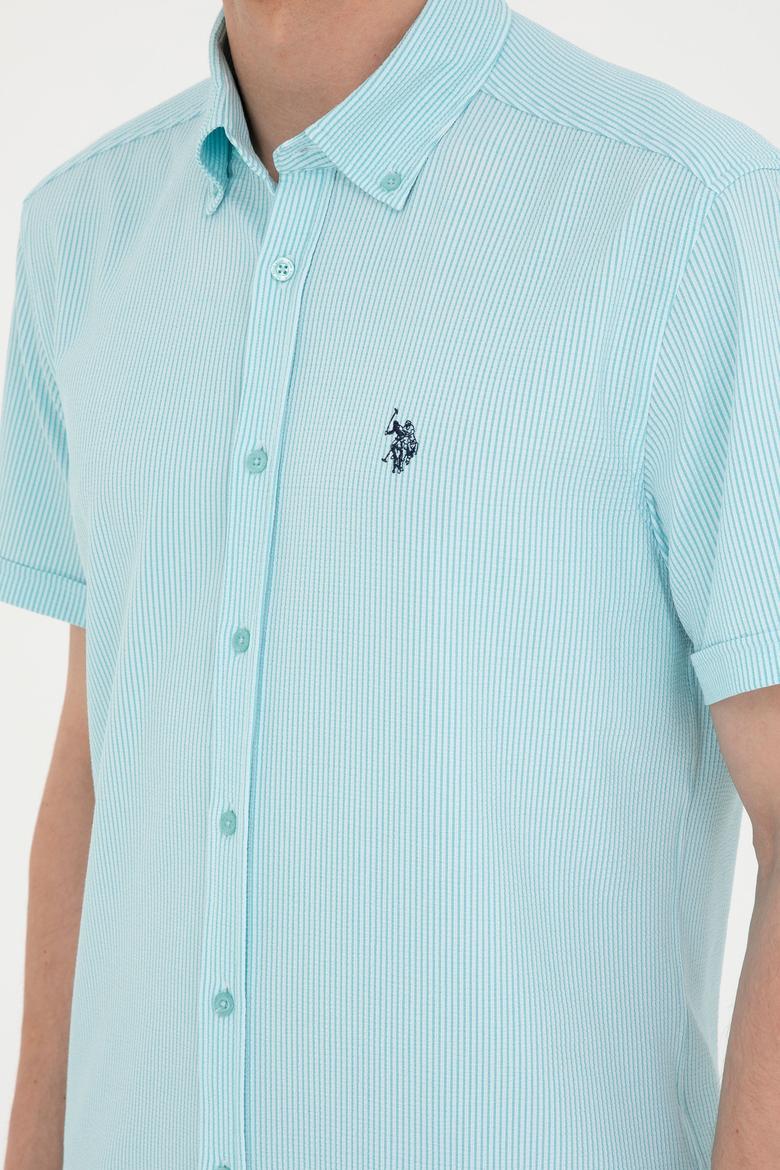 Erkek Su Yeşili Çizgili Beyaz Kısa Kollu Gömlek - 50288667025