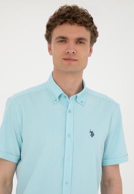 Erkek Su Yeşili Çizgili Beyaz Kısa Kollu Gömlek - 50288667025