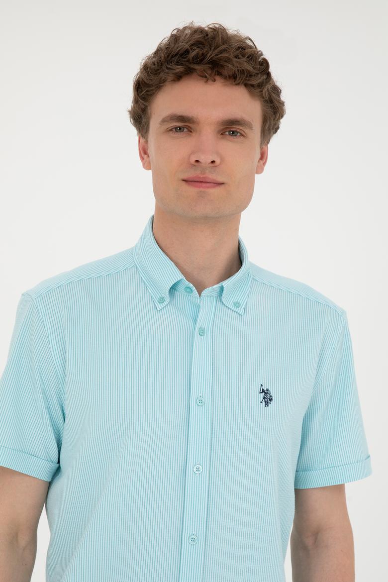 Erkek Su Yeşili Çizgili Beyaz Kısa Kollu Gömlek - 50288667025