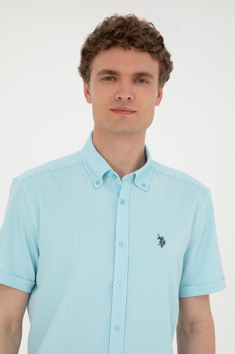 Erkek Su Yeşili Çizgili Beyaz Kısa Kollu Gömlek