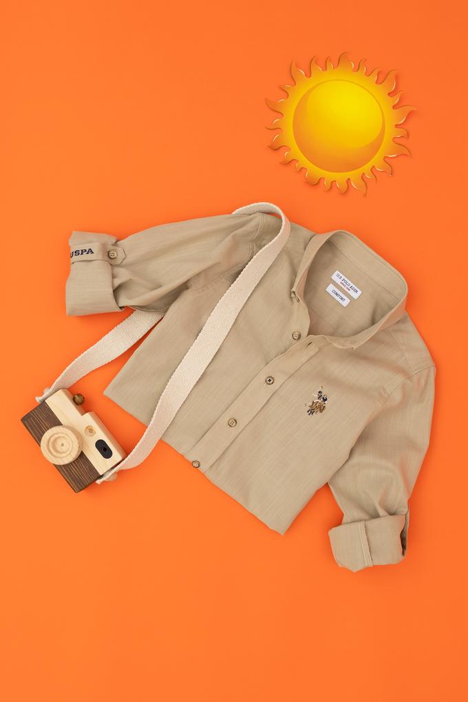 Erkek Çocuk Açık Haki Uzun Kollu Basic Gömlek