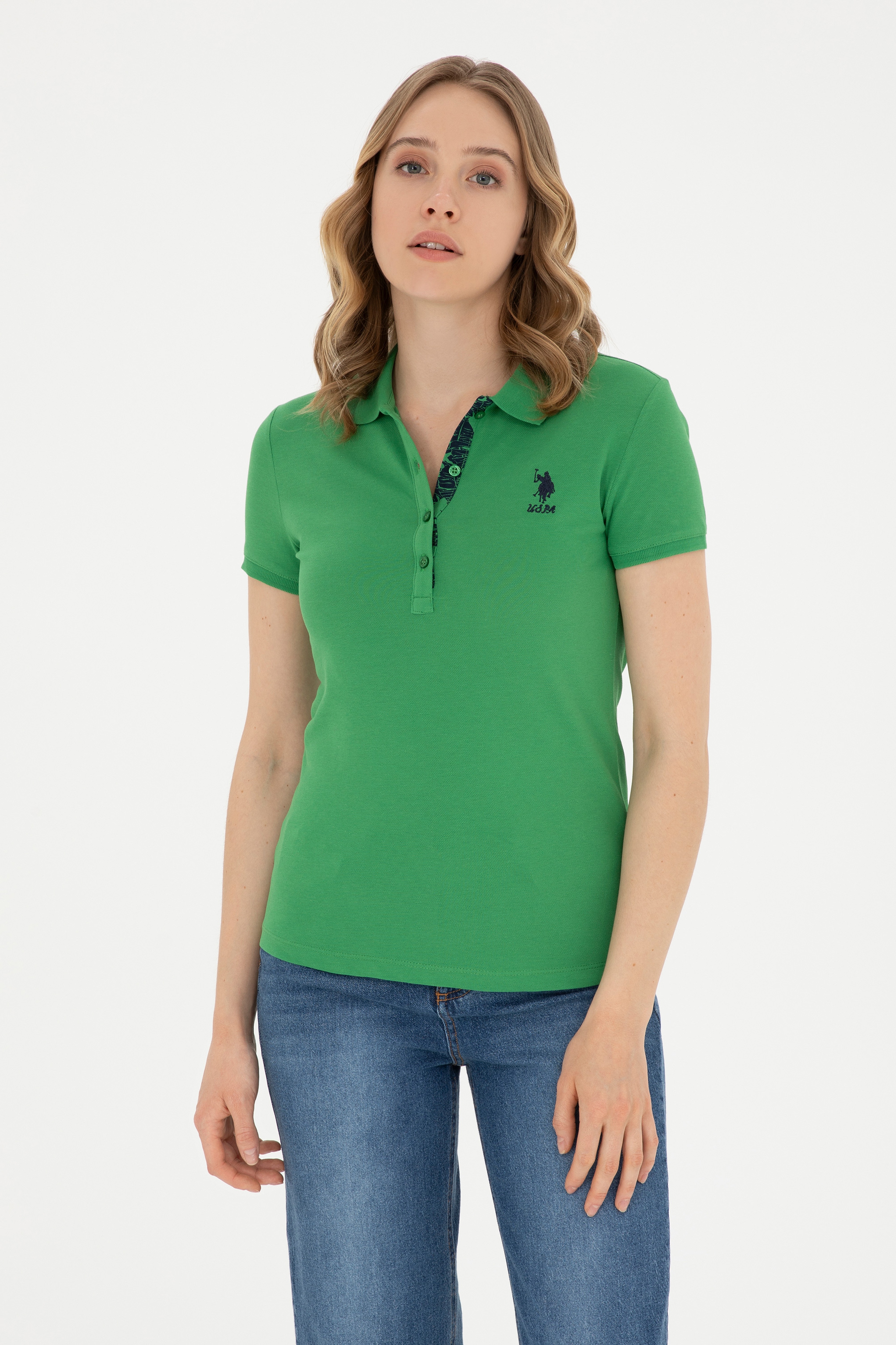 Kadın Yeşil Basic Polo Yaka Tişört - Image 1