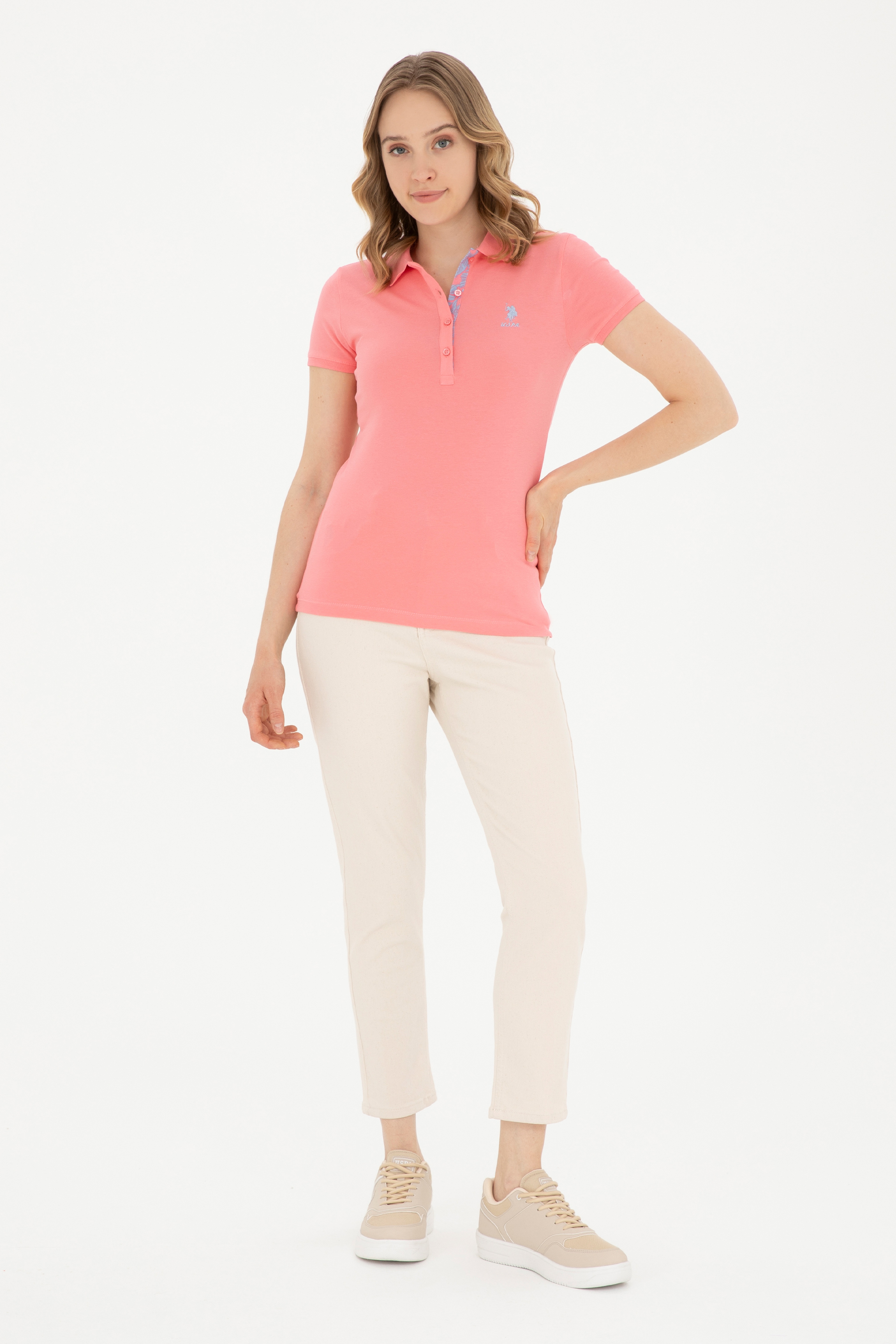 Kadın Neon Pembe Basic Polo Yaka Tişört - Image 4