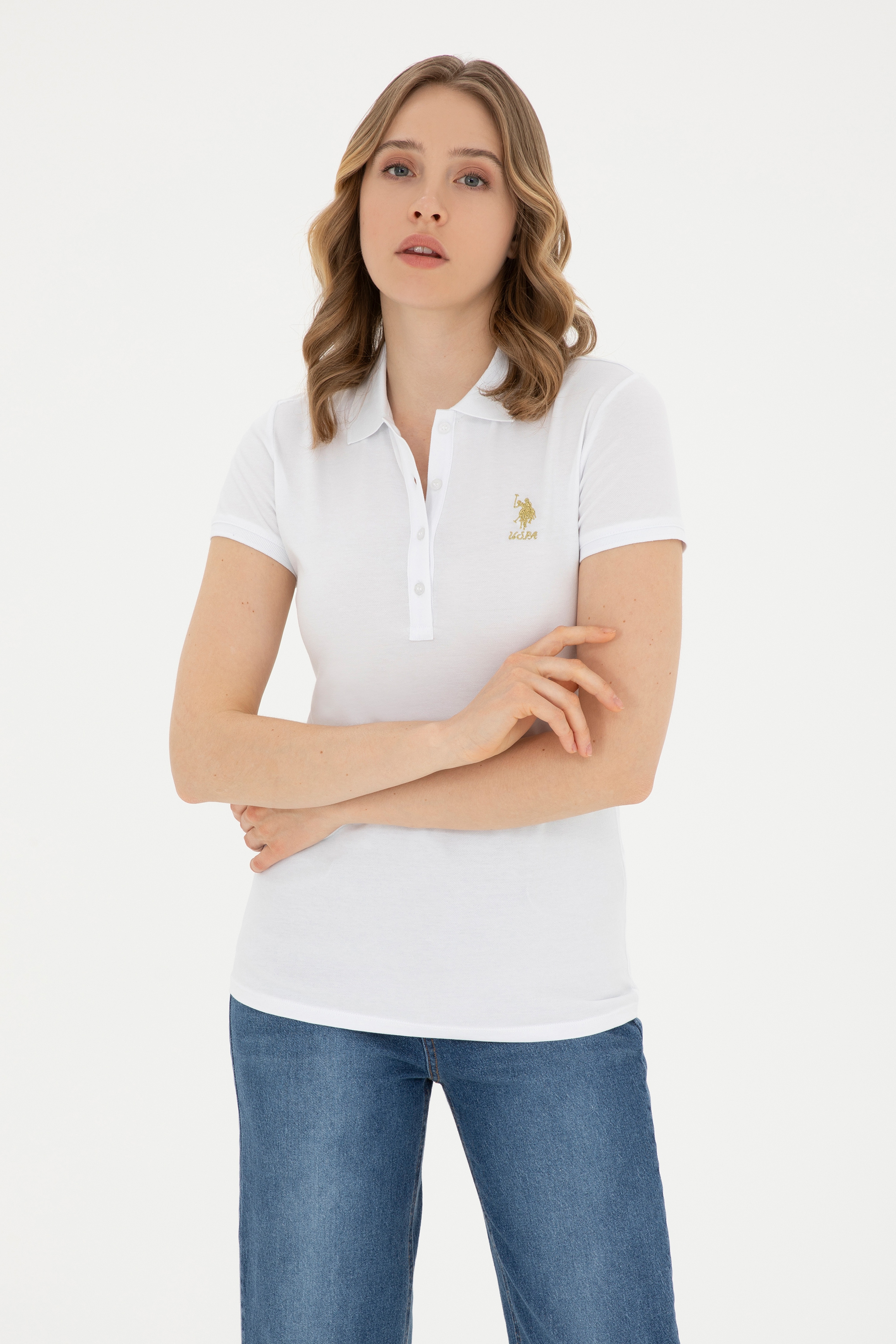 Kadın Beyaz Basic Polo Yaka Tişört - Image 1