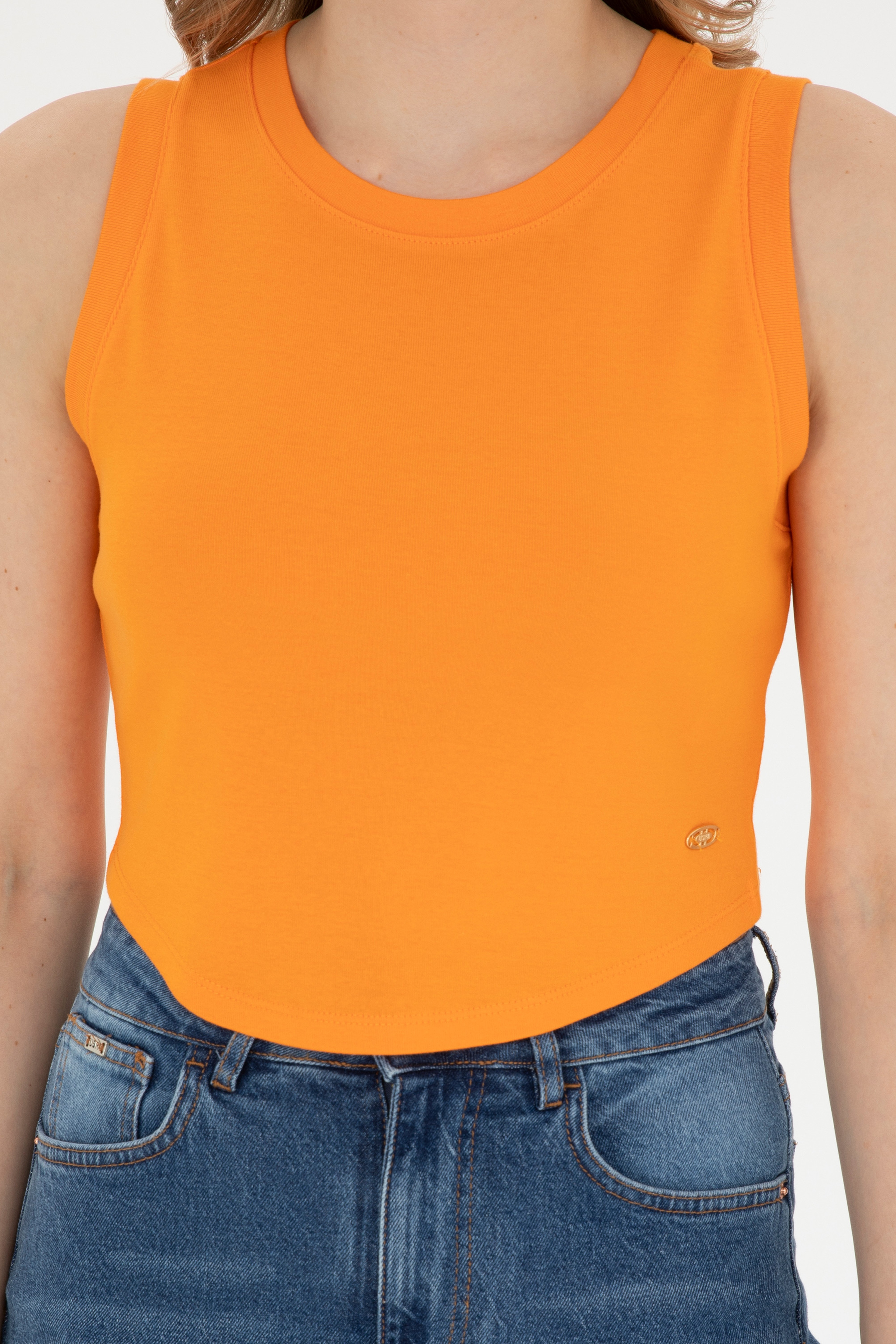 Kadın Turuncu Bisiklet Yaka Crop Basic Tişört - Image 6
