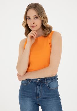 Kadın Turuncu Bisiklet Yaka Crop Basic Tişört - 50288570032