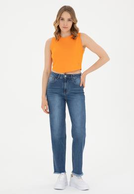 Kadın Turuncu Bisiklet Yaka Crop Basic Tişört - 50288570032