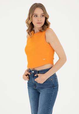 Kadın Turuncu Bisiklet Yaka Crop Basic Tişört - 50288570032