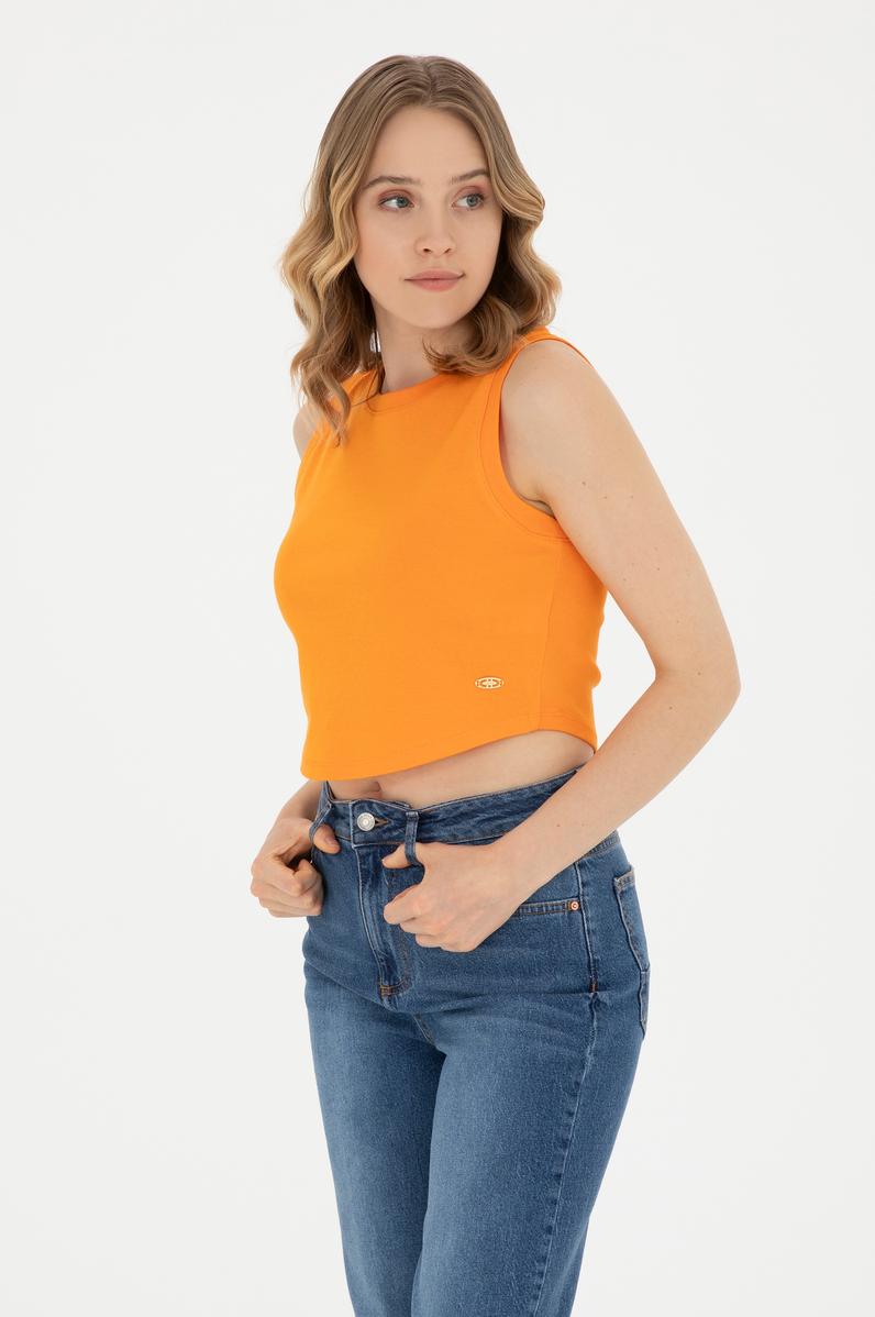 Kadın Turuncu Bisiklet Yaka Crop Basic Tişört