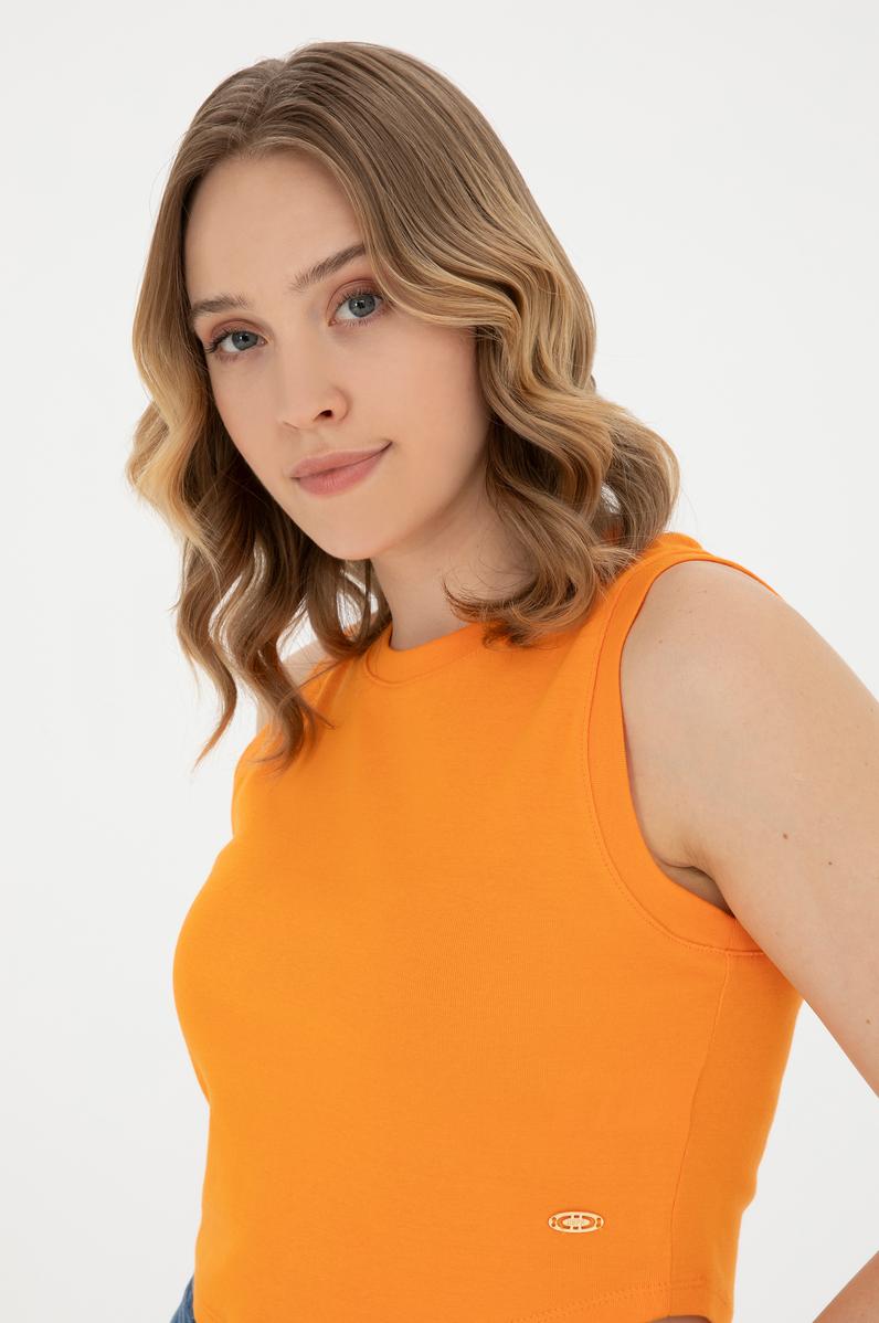 Kadın Turuncu Bisiklet Yaka Crop Basic Tişört