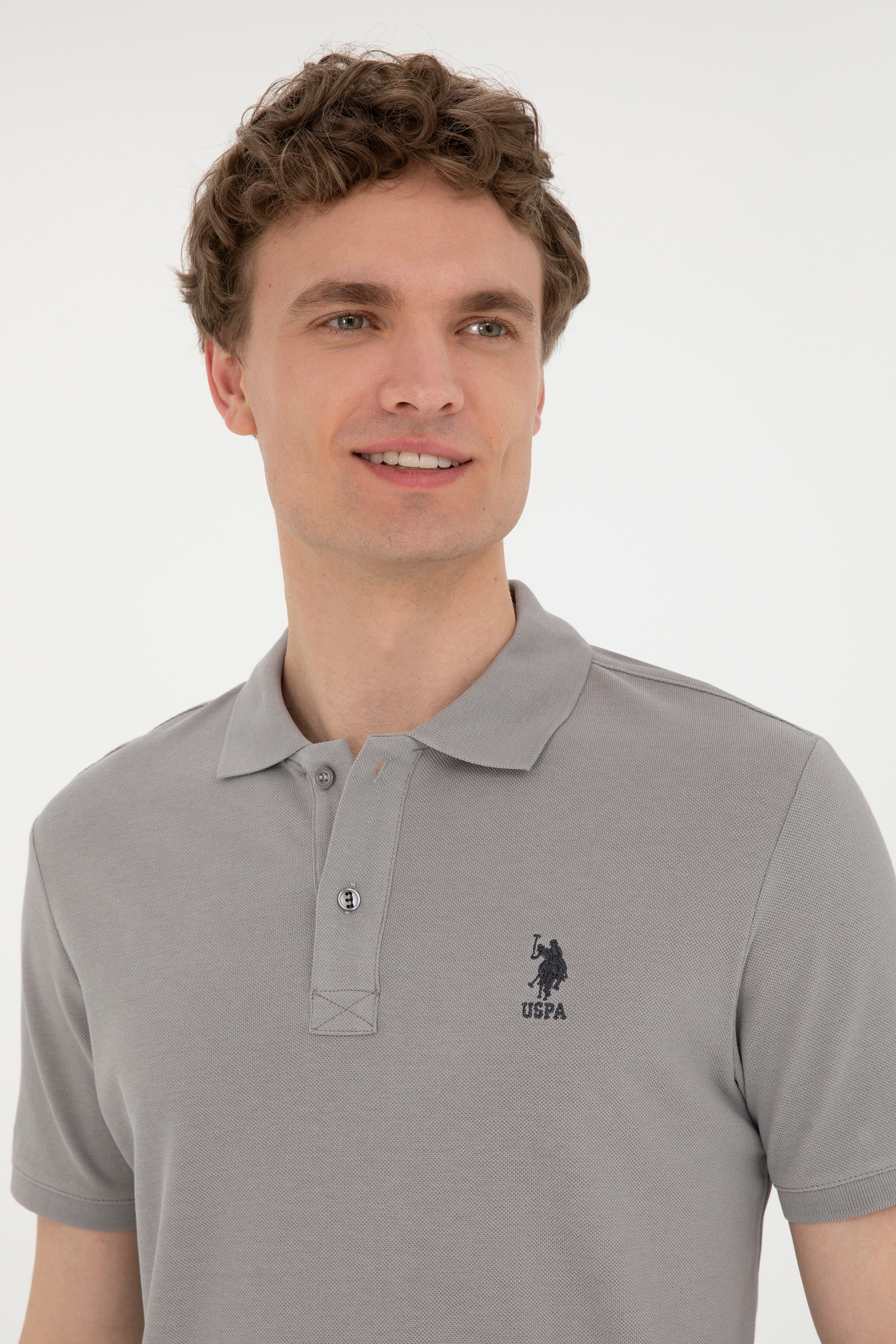 Erkek Slim Fit Polo Yaka Koyu Gri Basic Tişört