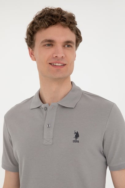 Erkek Slim Fit Polo Yaka Koyu Gri Basic Tişört