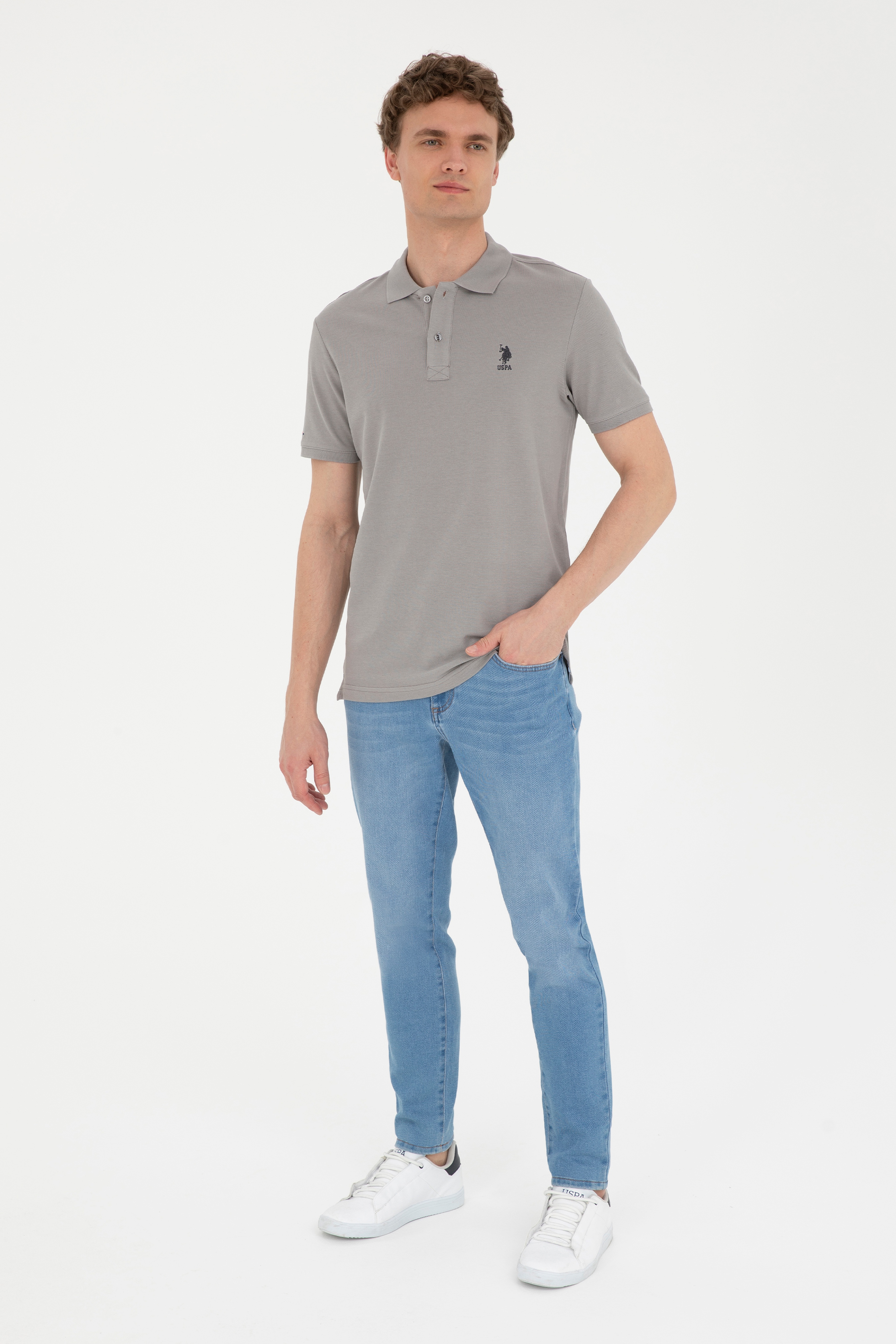 Erkek Slim Fit Polo Yaka Koyu Gri Basic Tişört - Image 4