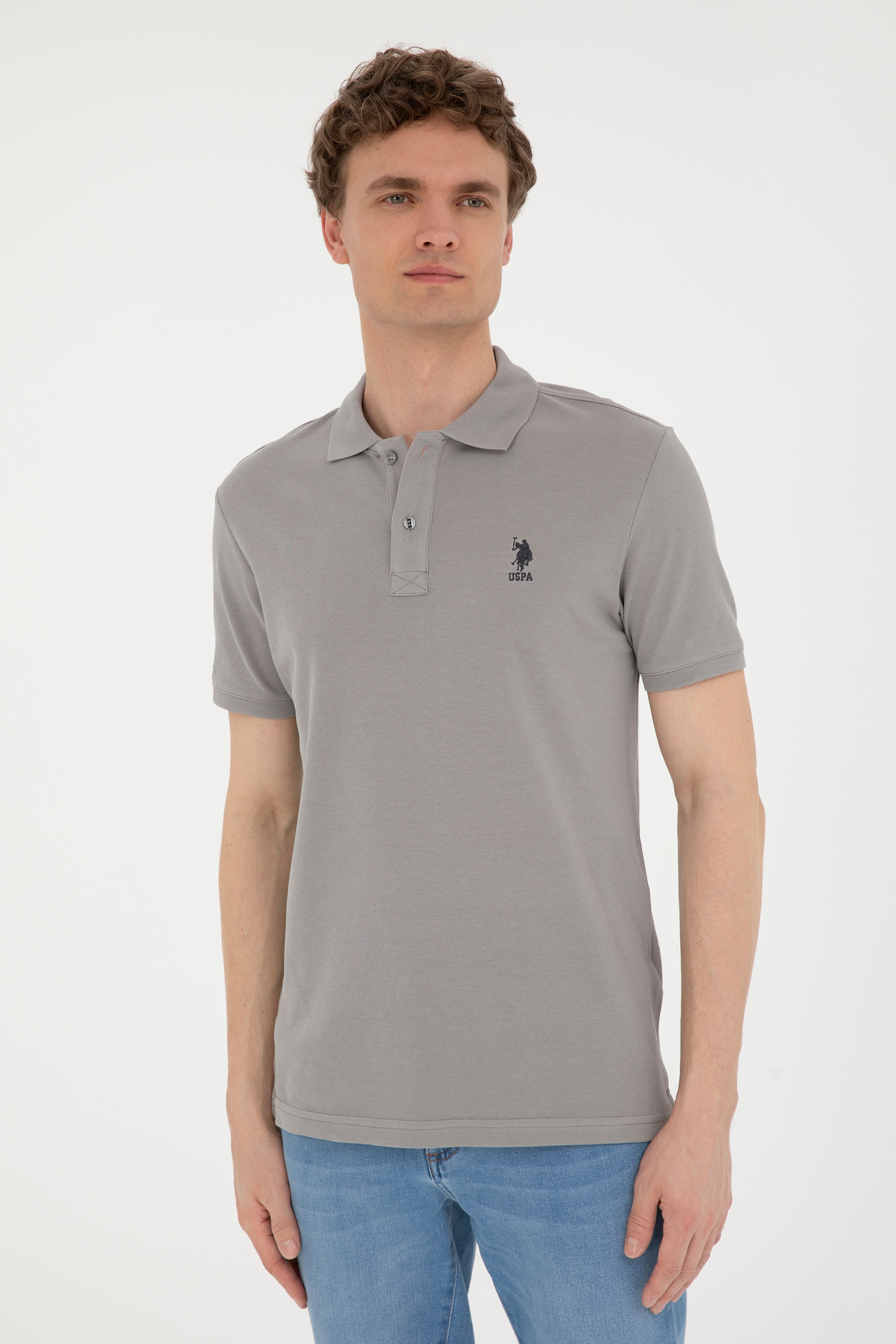 Erkek Slim Fit Polo Yaka Koyu Gri Basic Tişört - Image 3