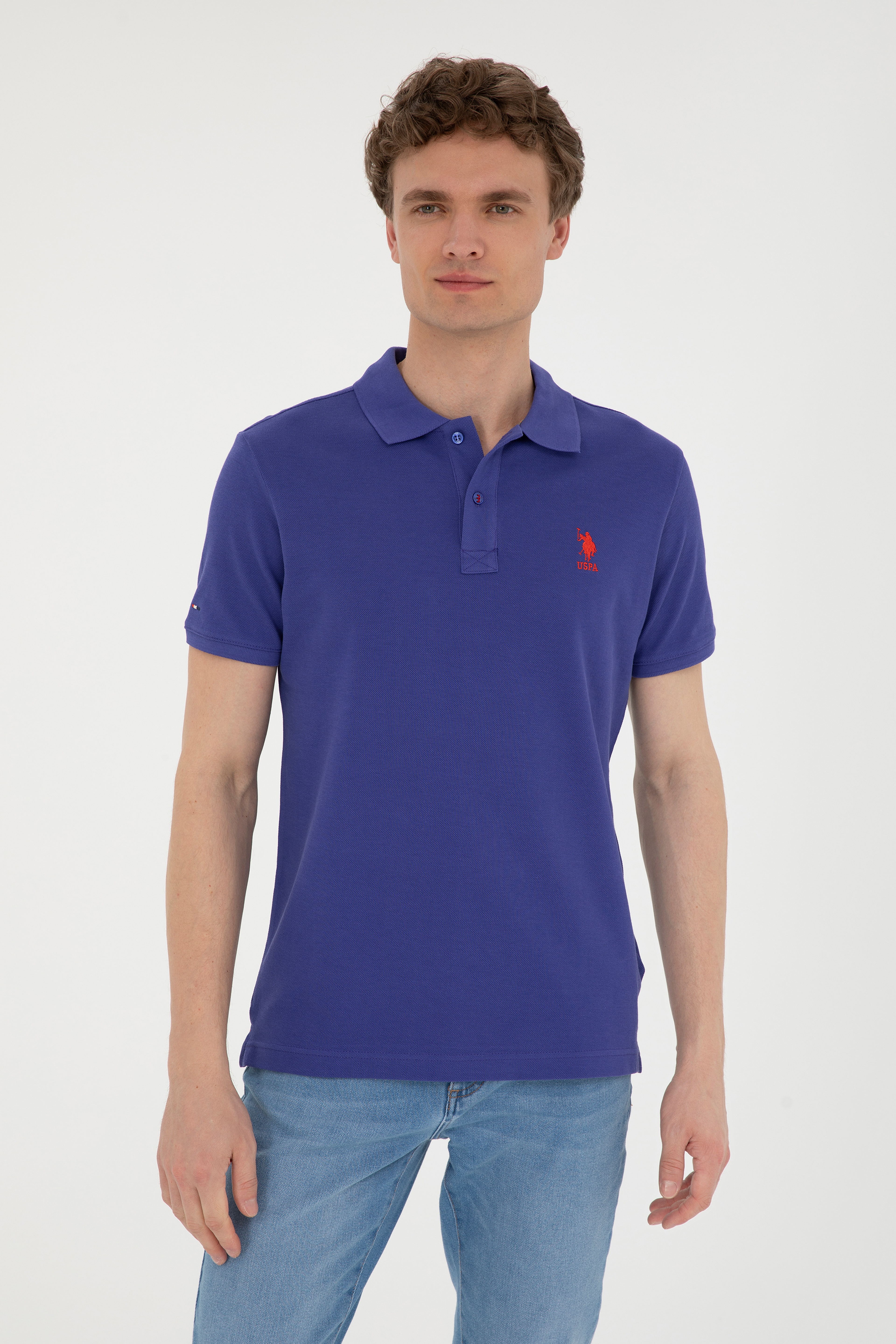 Erkek Slim Fit Polo Yaka Mavi Basic Tişört - Image 3