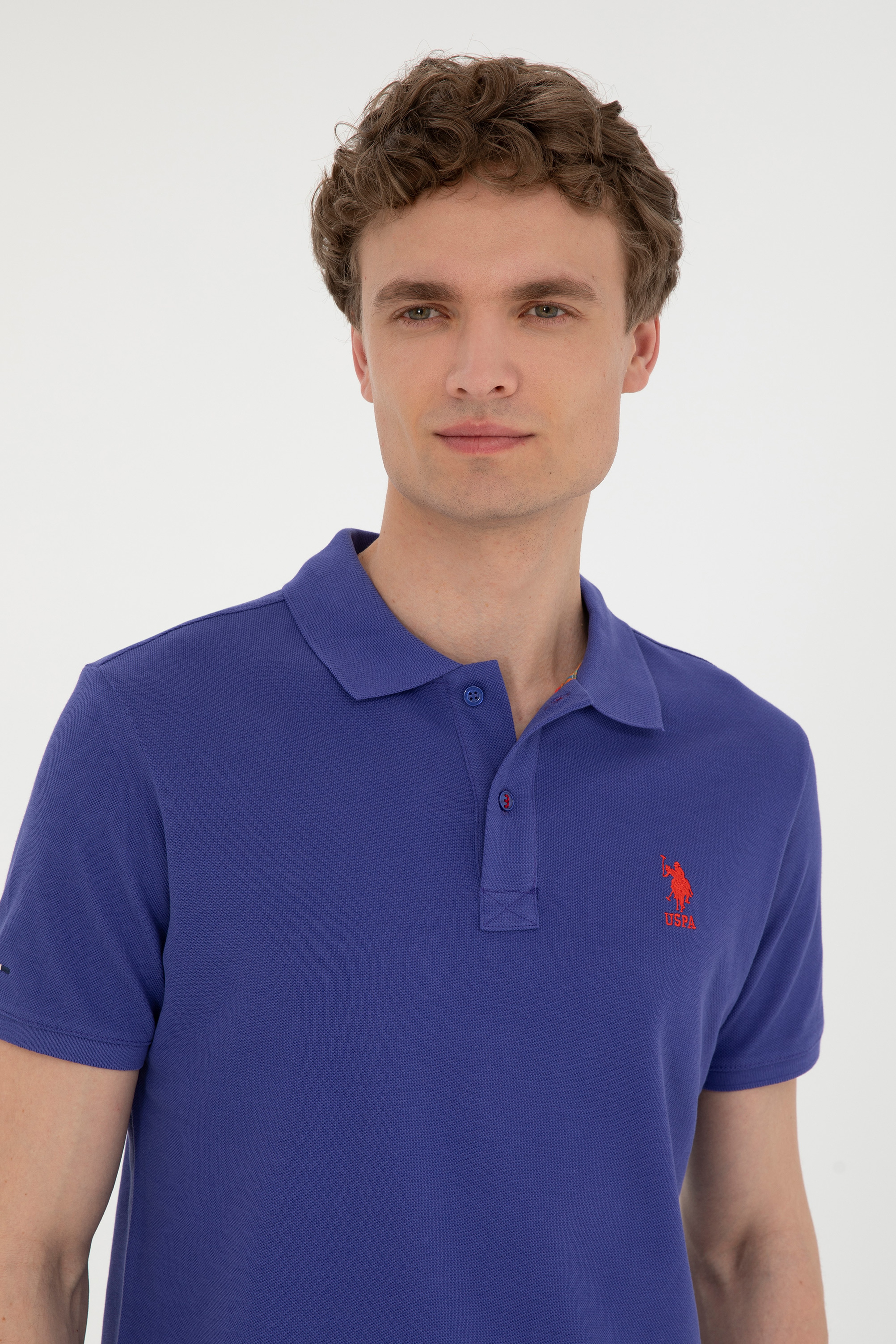 Erkek Slim Fit Polo Yaka Mavi Basic Tişört - Image 2