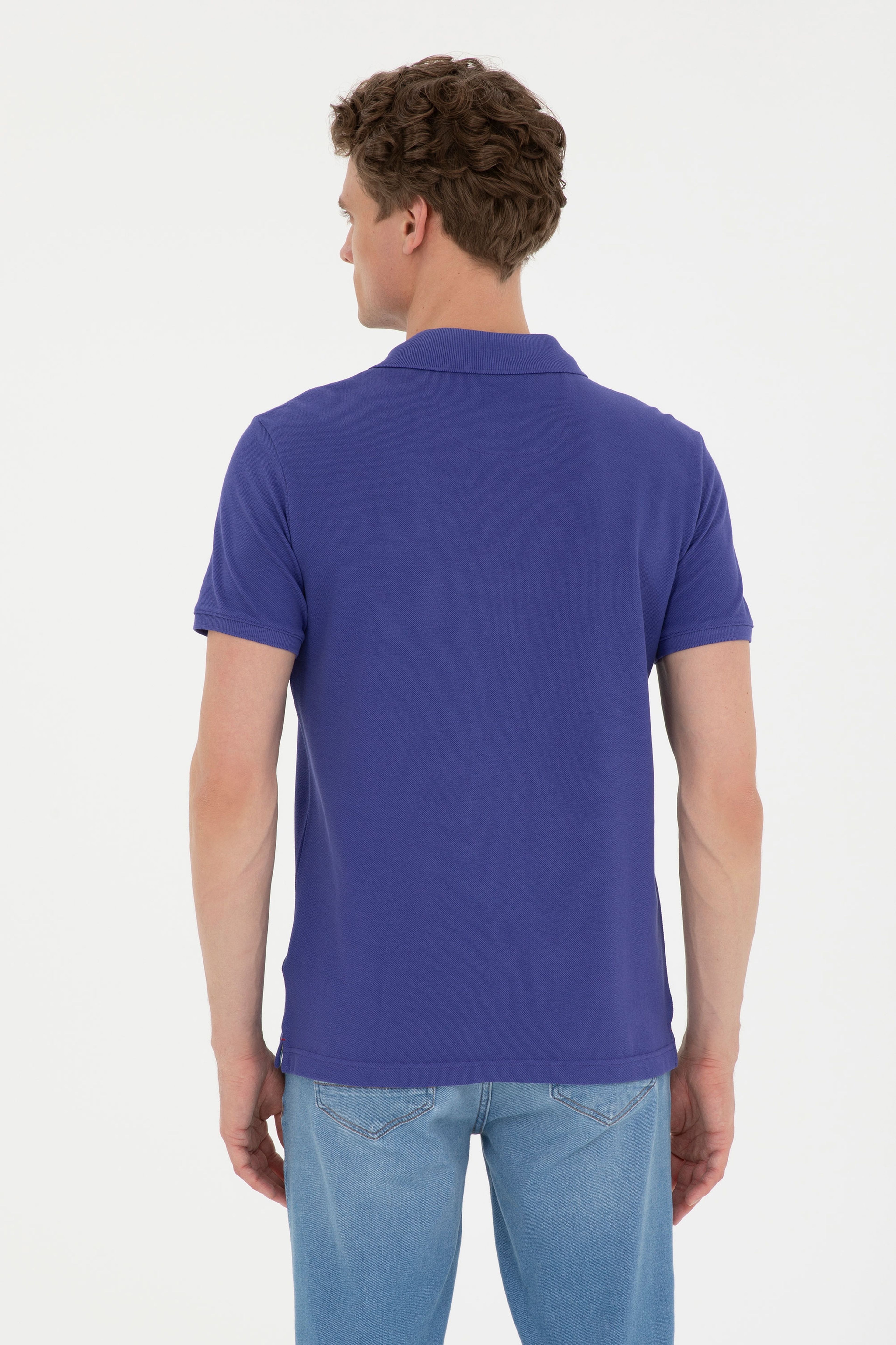 Erkek Slim Fit Polo Yaka Mavi Basic Tişört - Image 5