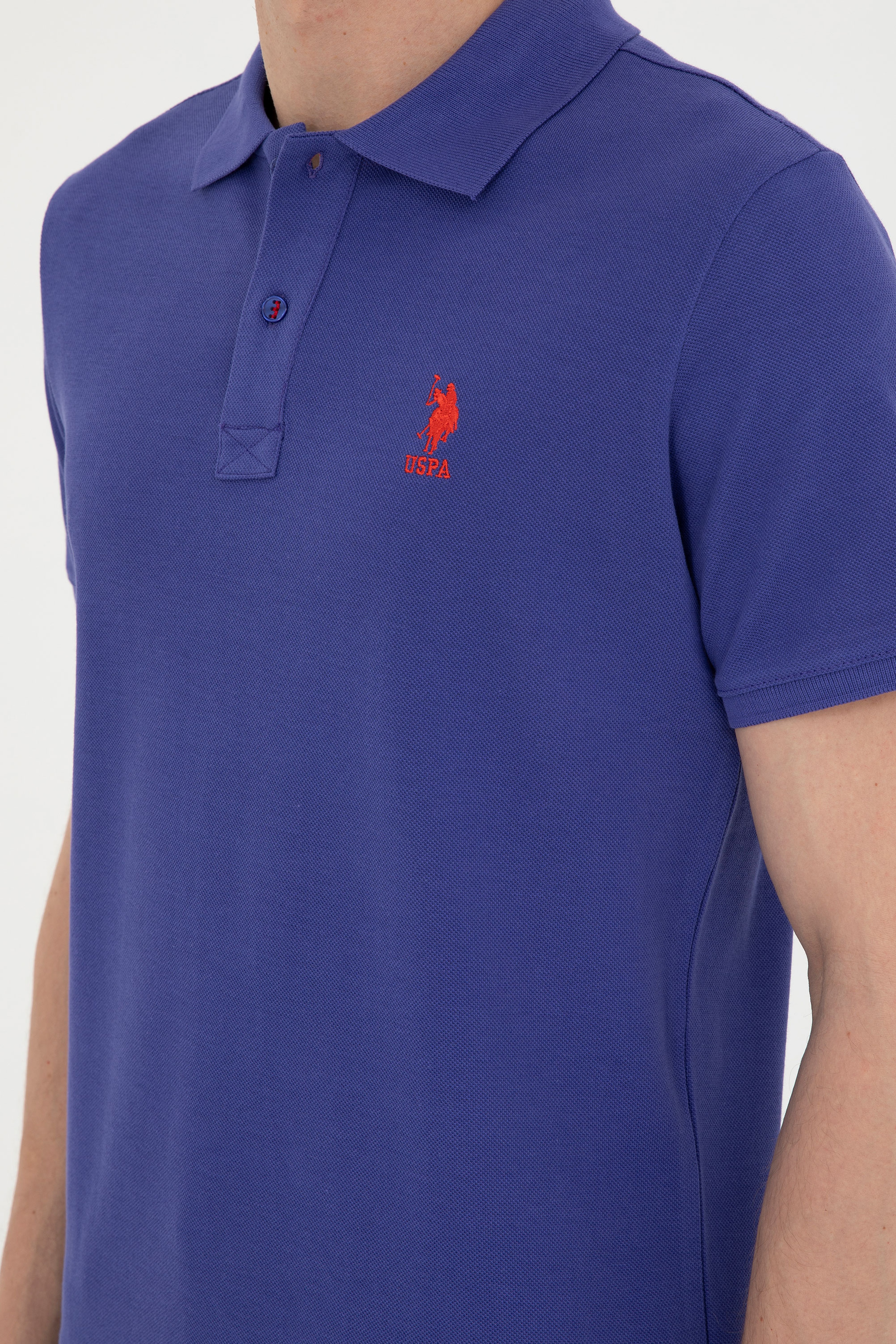 Erkek Slim Fit Polo Yaka Mavi Basic Tişört - Image 7