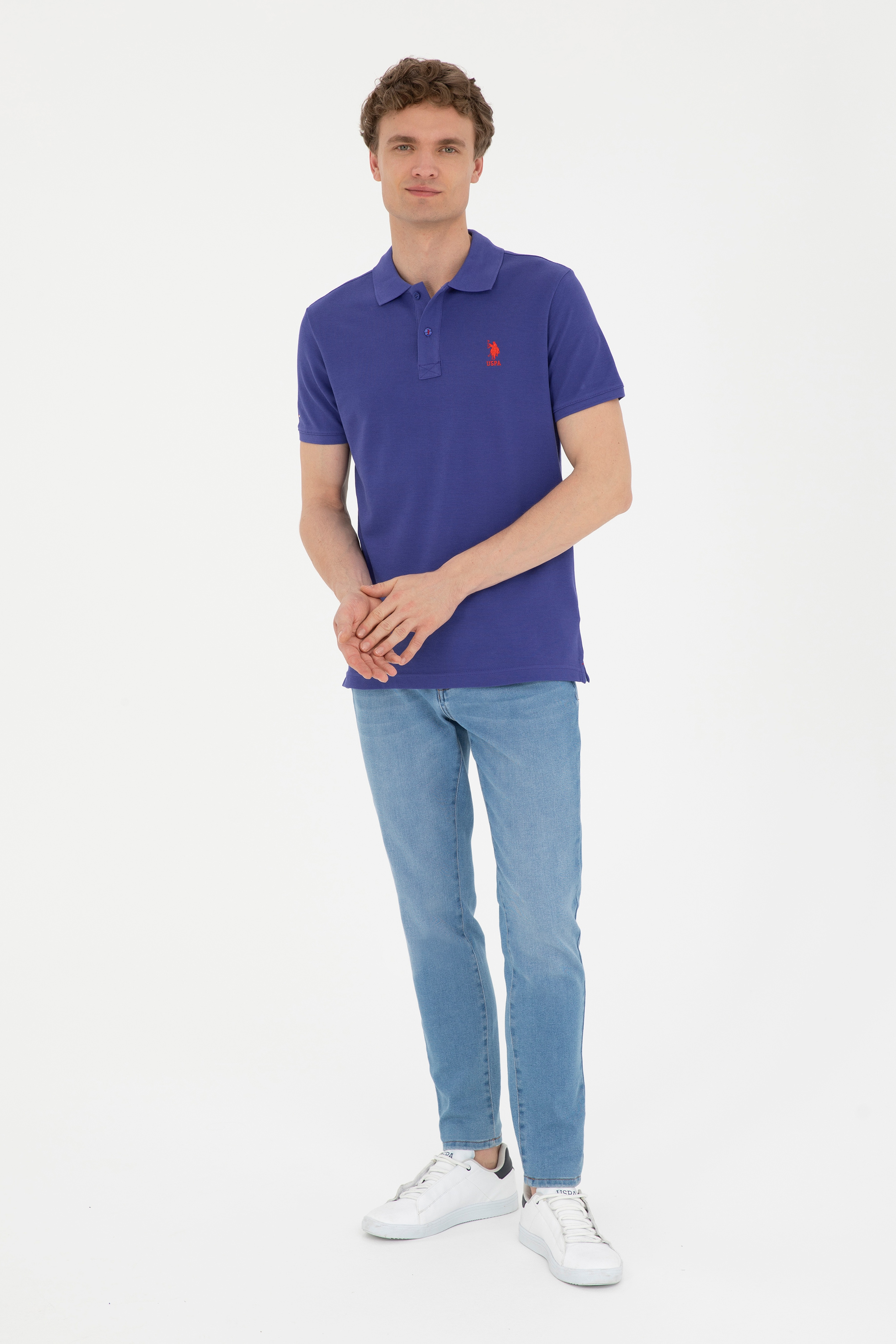 Erkek Slim Fit Polo Yaka Mavi Basic Tişört - Image 4