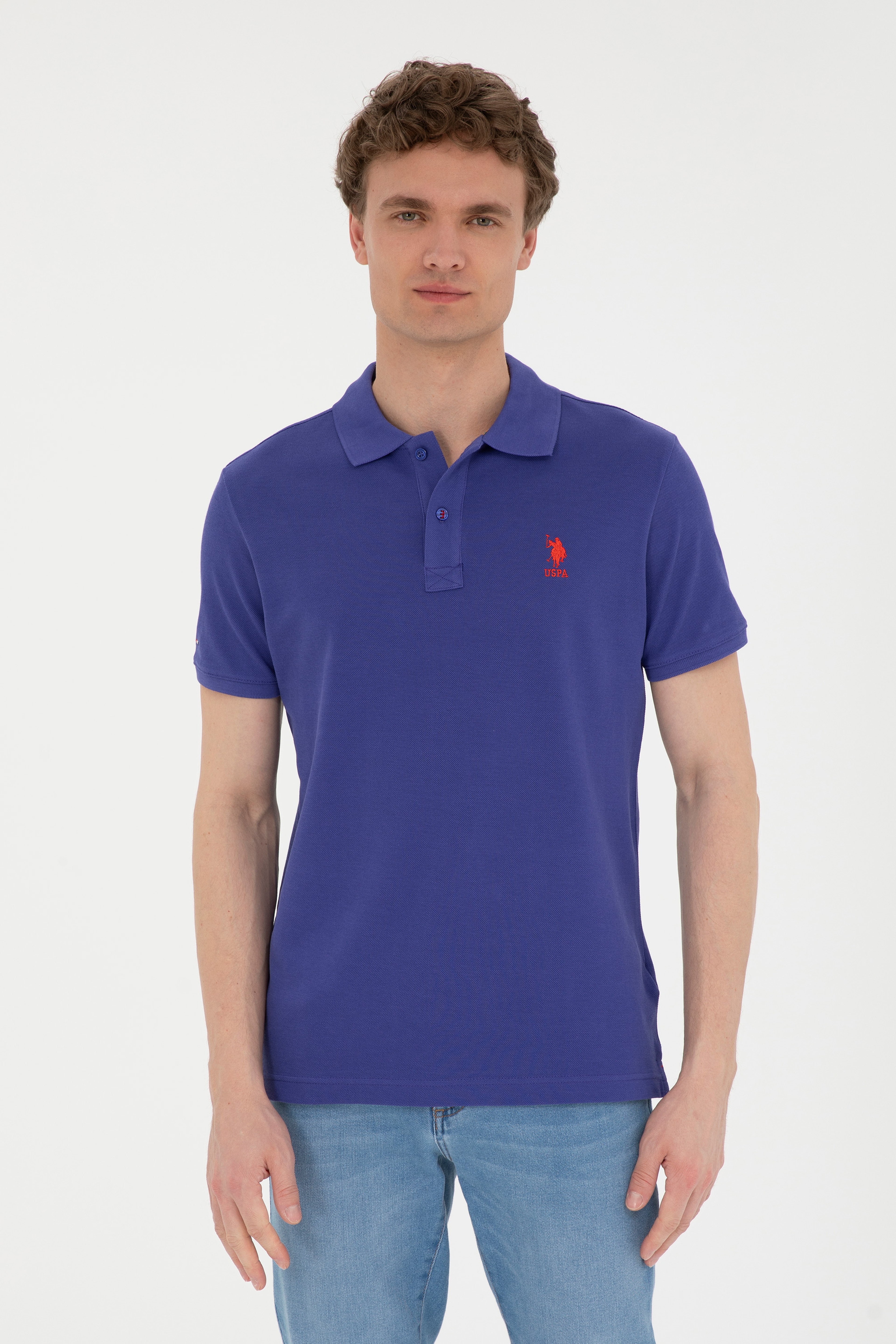 Erkek Slim Fit Polo Yaka Mavi Basic Tişört - Image 1