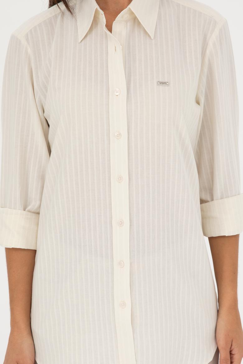 Kadın Ekru Keten Görünümlü Uzun Kollu Gömlek - 50289089014