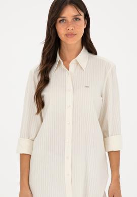Kadın Ekru Keten Görünümlü Uzun Kollu Gömlek - 50289089014