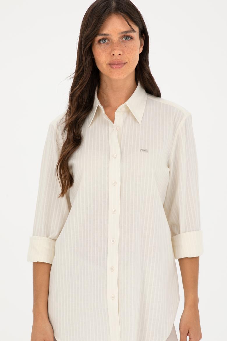 Kadın Ekru Keten Görünümlü Uzun Kollu Gömlek - 50289089014