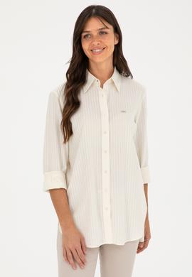 Kadın Ekru Keten Görünümlü Uzun Kollu Gömlek - 50289089014