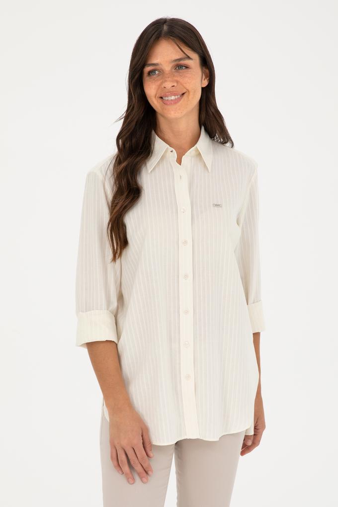 Kadın Ekru Keten Görünümlü Uzun Kollu Gömlek