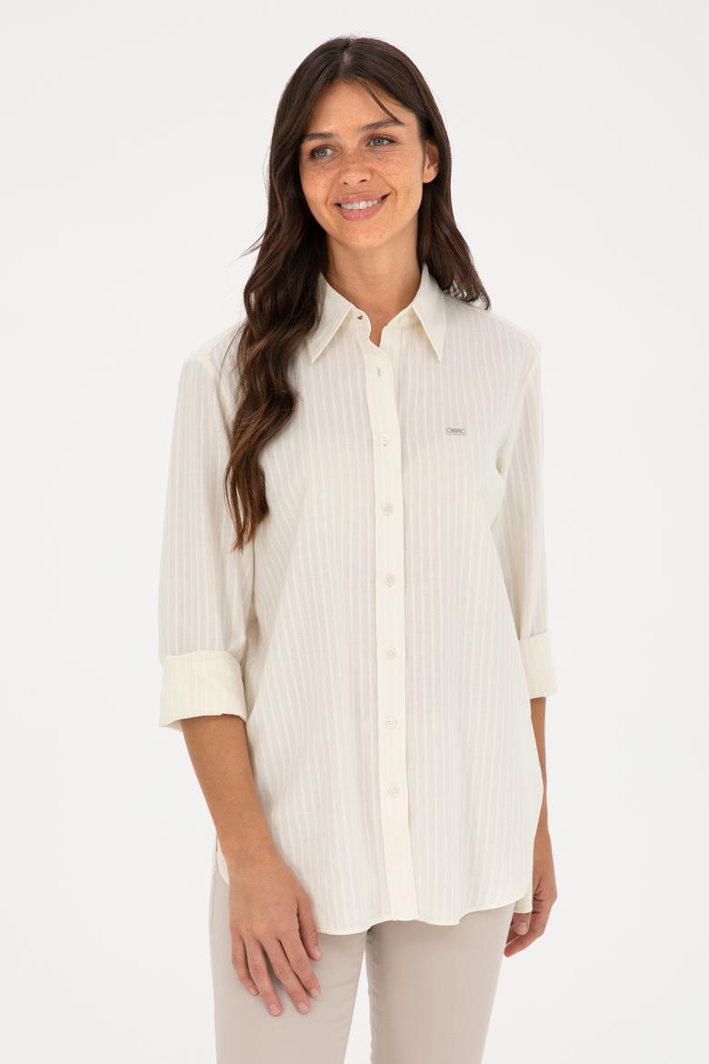 Kadın Ekru Keten Görünümlü Uzun Kollu Gömlek