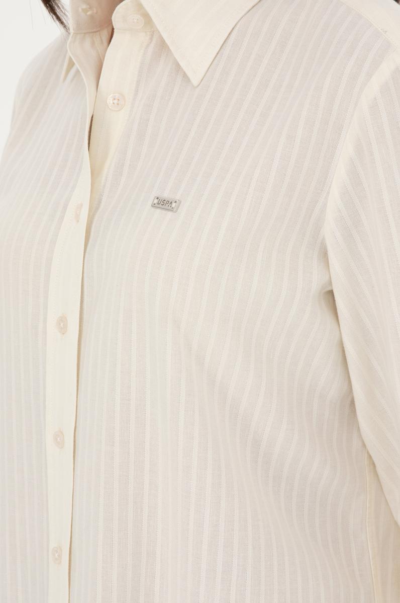 Kadın Ekru Keten Görünümlü Uzun Kollu Gömlek