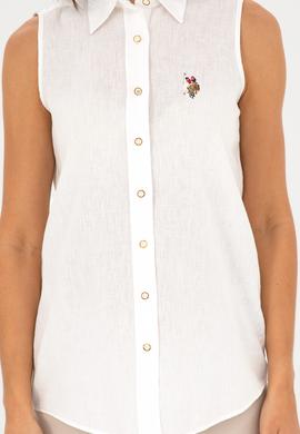 Kadın Beyaz Keten Görünümlü Kısa Kollu Gömlek - 50288909007