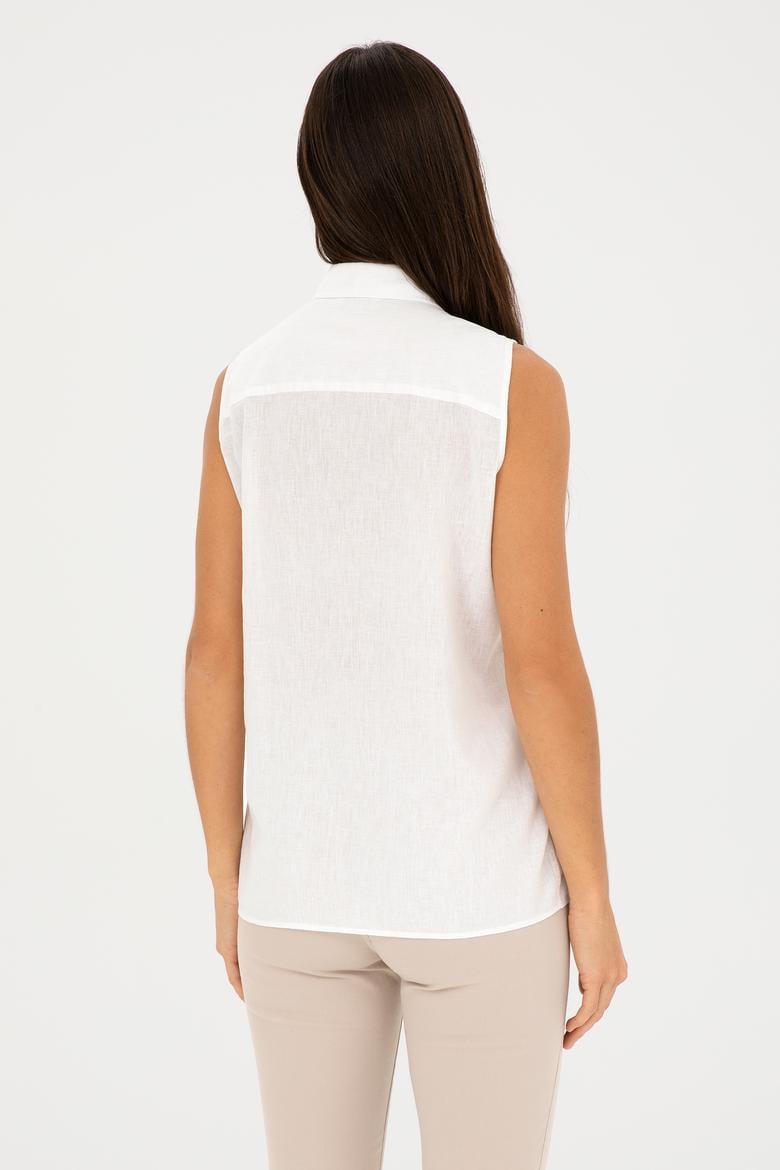 Kadın Beyaz Keten Görünümlü Kısa Kollu Gömlek - 50288909007