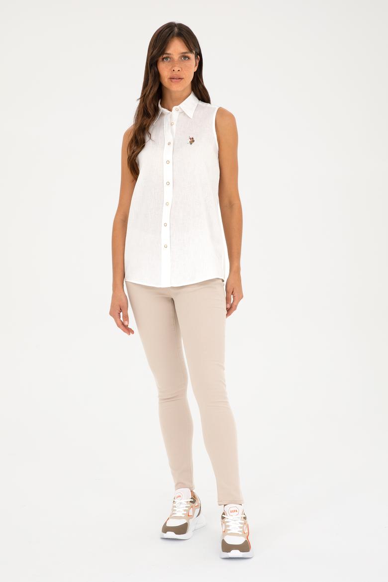 Kadın Beyaz Keten Görünümlü Kısa Kollu Gömlek - 50288909007