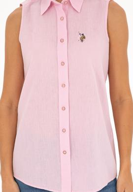 Kadın Pembe Keten Görünümlü Kısa Kollu Gömlek - 50288909018