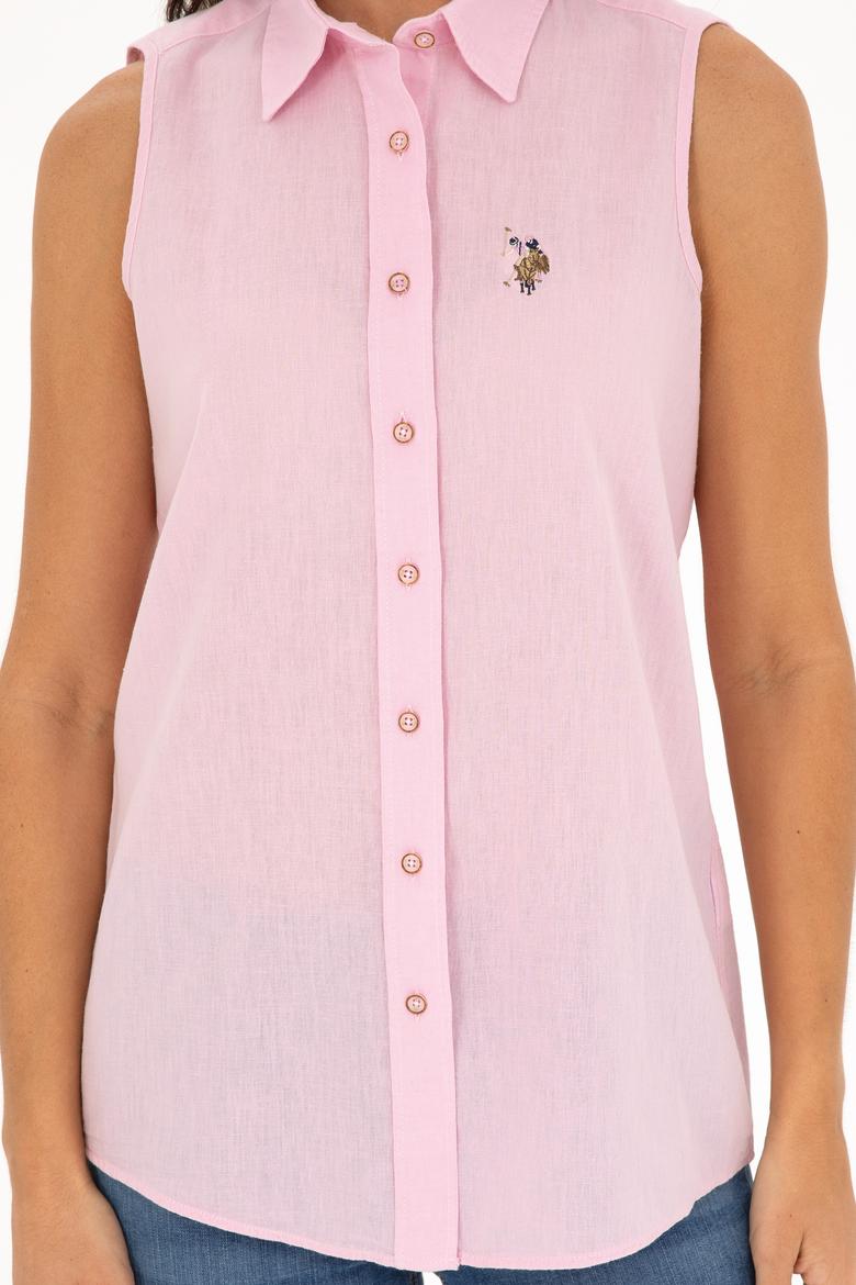 Kadın Pembe Keten Görünümlü Kısa Kollu Gömlek - 50288909018