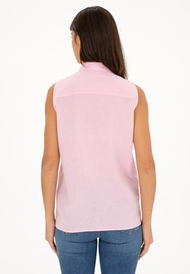 Kadın Pembe Keten Görünümlü Kısa Kollu Gömlek - 50288909018