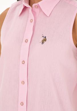 Kadın Pembe Keten Görünümlü Kısa Kollu Gömlek - 50288909018