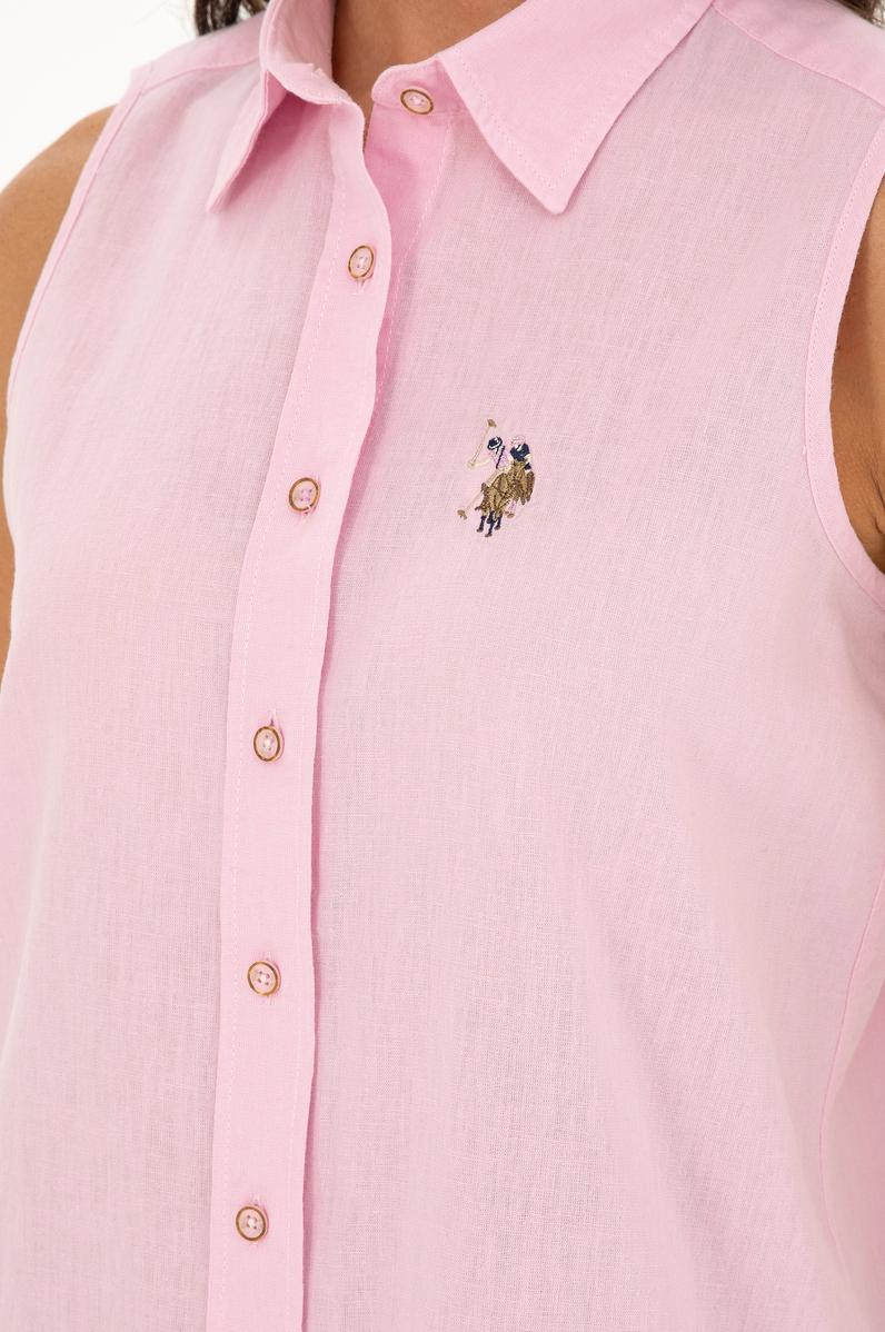 Kadın Pembe Keten Görünümlü Kısa Kollu Gömlek